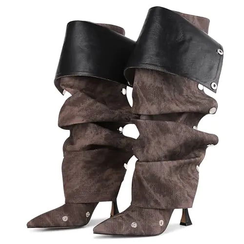 Pointed Toe Denim Applique Knee High Boots