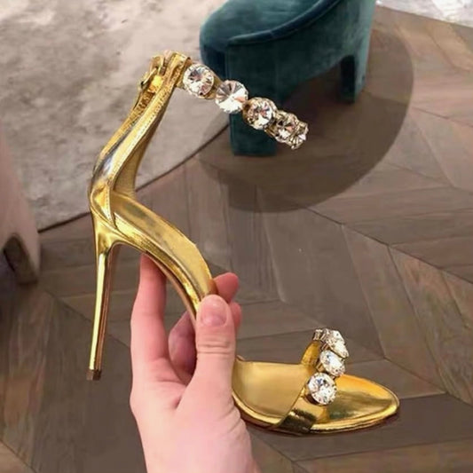 Rhinestone Open Toe Gold Stiletto Sandals