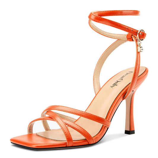 Orange Lace-Up Square Toe Stiletto Heels