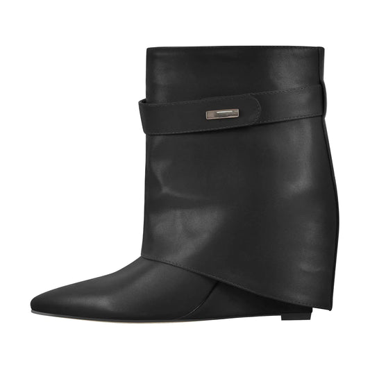 Black Foldover Pointed Toe Wedge Ankle Boots