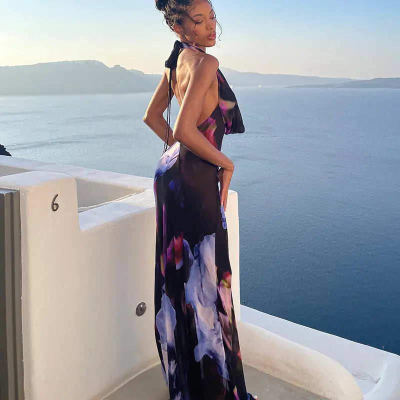 Purple Print Backless High Waist Long Dress