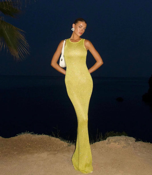 Chic U-Neck Sequin Knitted Maxi Dress