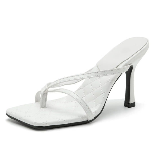 White Thong Stiletto Heels with Square Toe