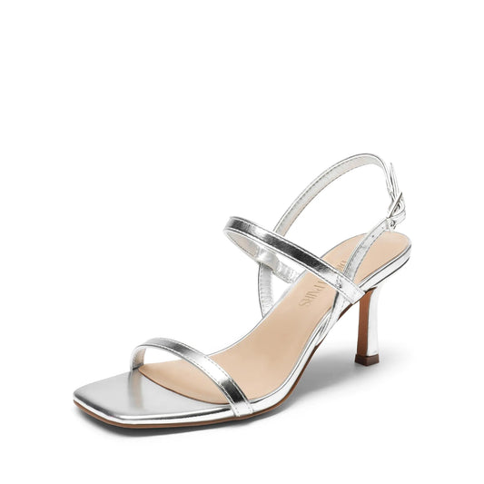 Silver Strappy Slingback Square Toe Heels