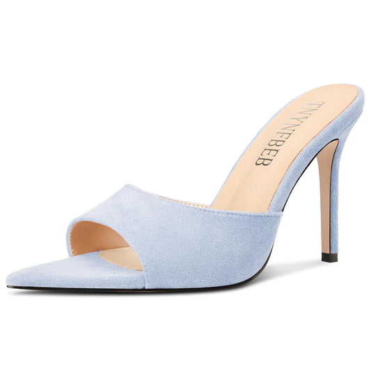 Light Blue Pointed Open Toe Heeled Mules