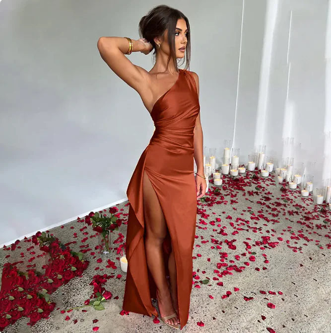 Sleek Satin One Shoulder Slit Dress