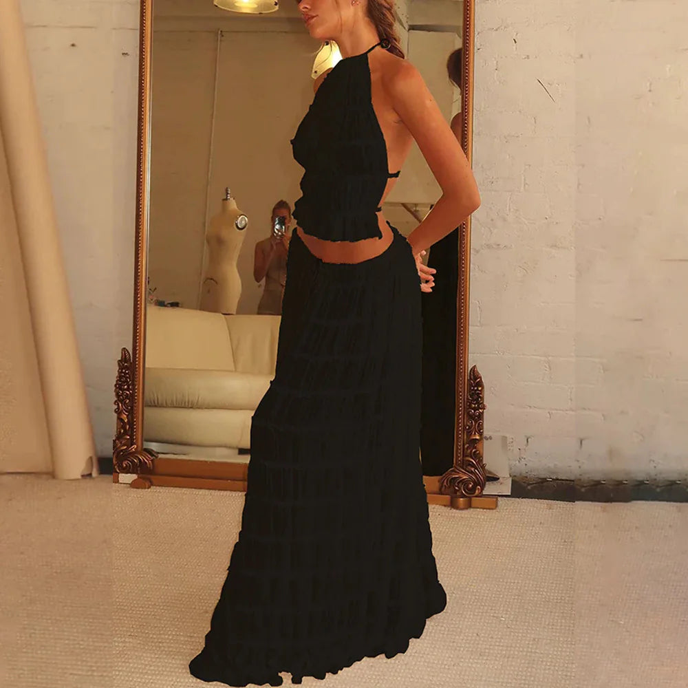 Chic Halter Crop Top and Pleated Maxi Skirt