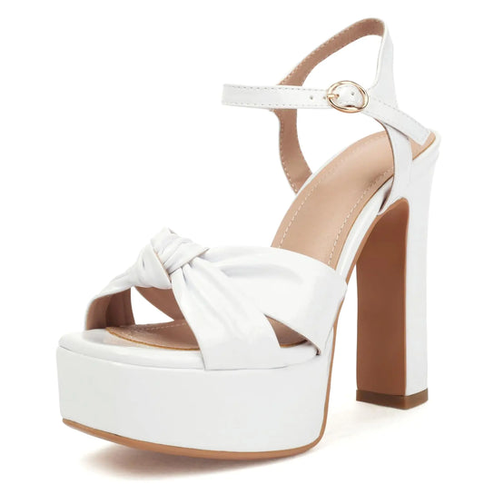 Open Toe White Platform Block Heels with Bow