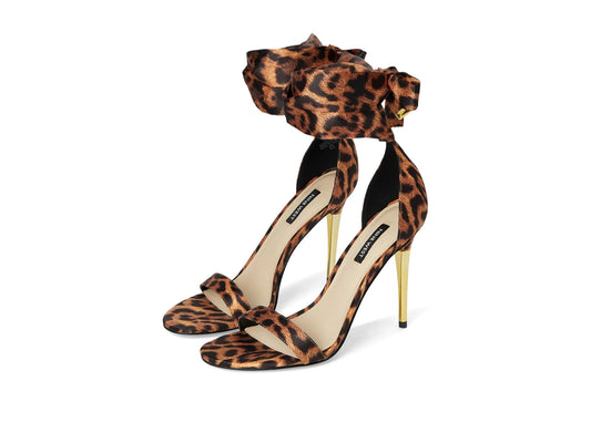 Lace-Up Leopard Satin Stiletto Sandal