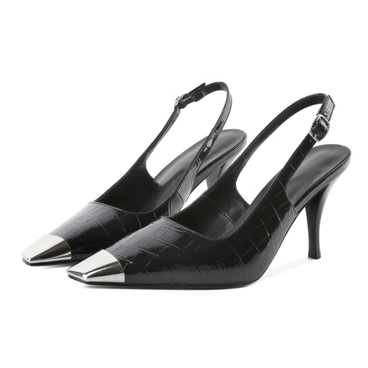Silver and Black Cap Toe Slingback Heels