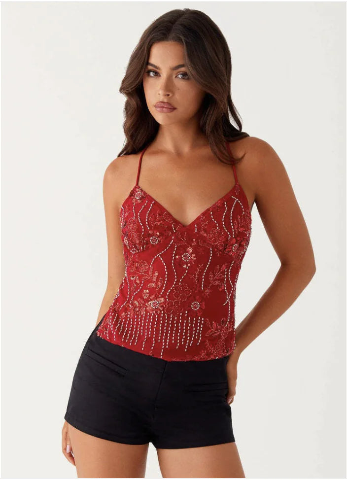 Micro-Stretch Embroidered Slim Crop Top