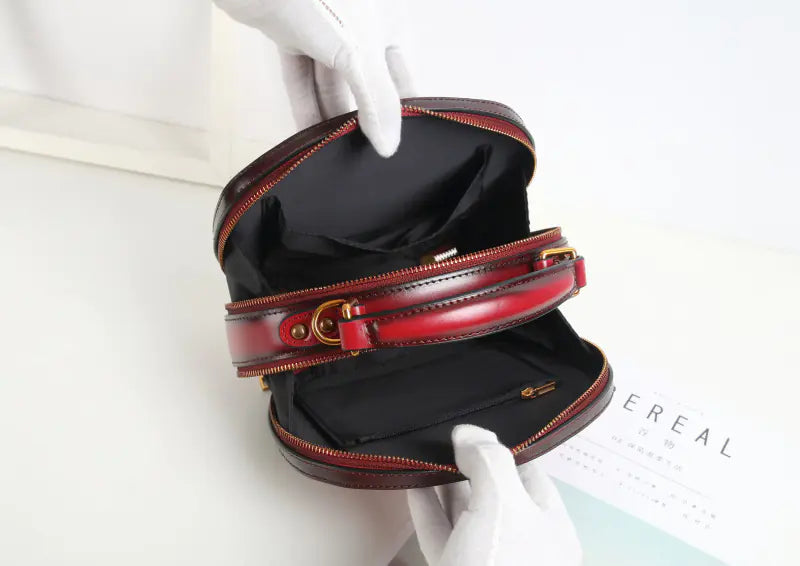 Round Leather Two-Layer Crossbody Handbag