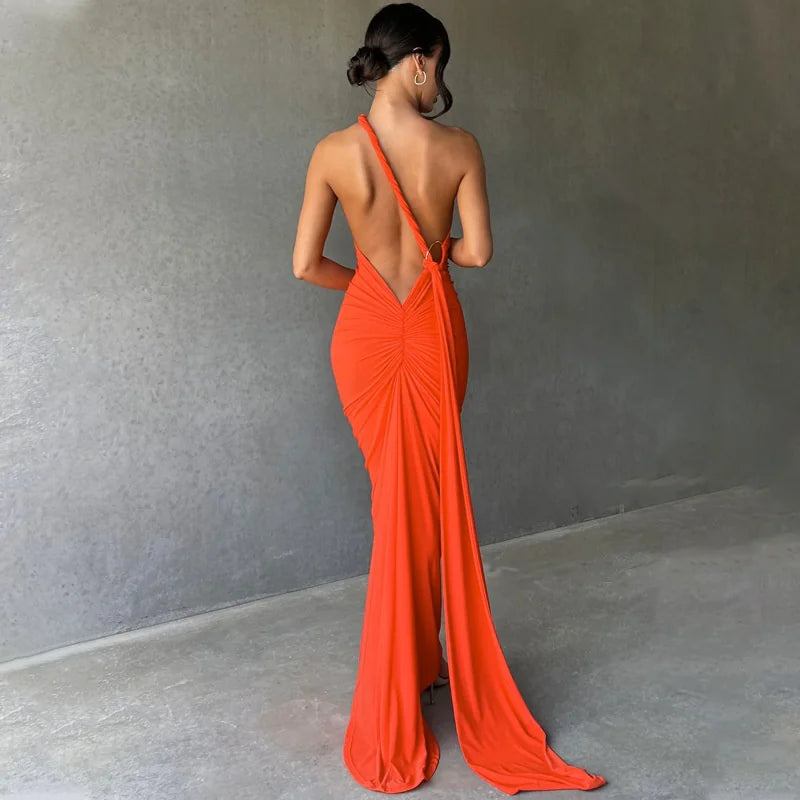 Slant Shoulder Backless Maxi Evening Dress