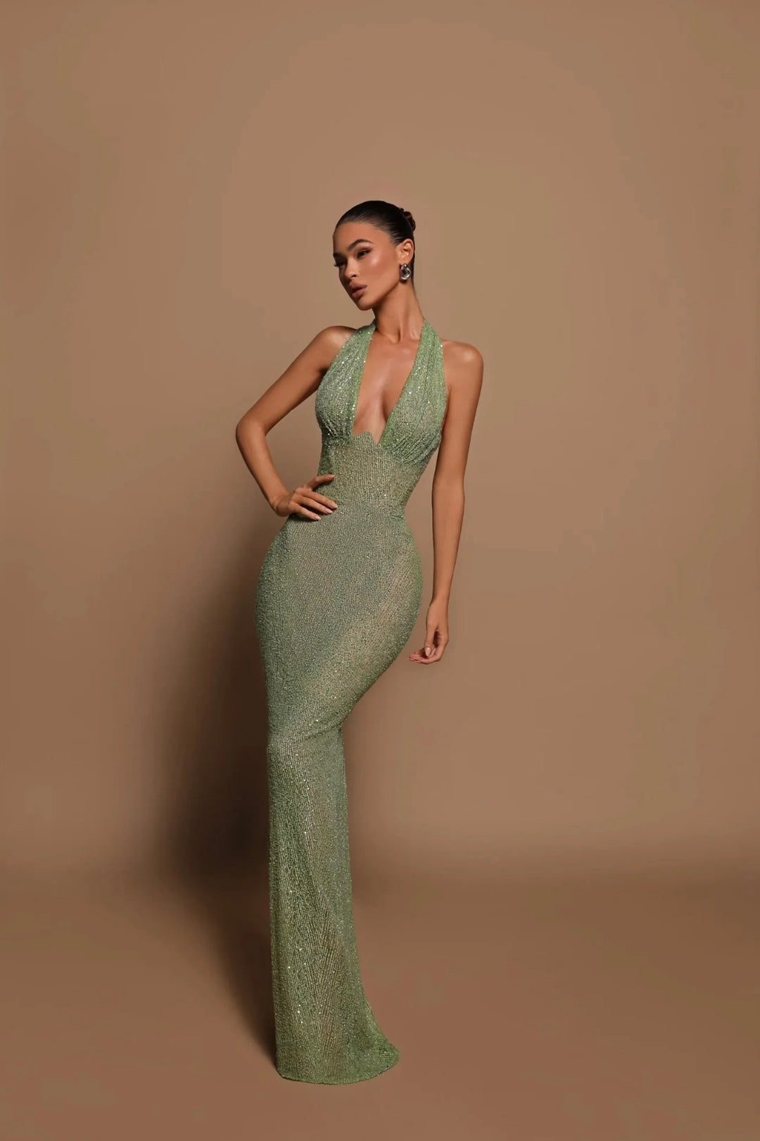 Split V-Neck Sparkling Sequin Slim Evening Gown