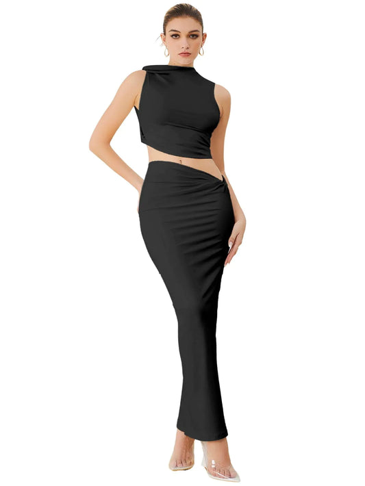 Black Mock Neck Sleeveless Maxi Skirt Set