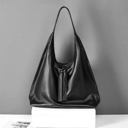 Cowhide Leather Shoulder Bag with Tassel Detail