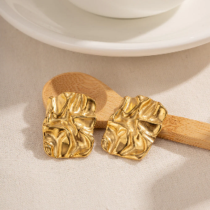 18K Gold Square Stainless Steel Textured Earrings