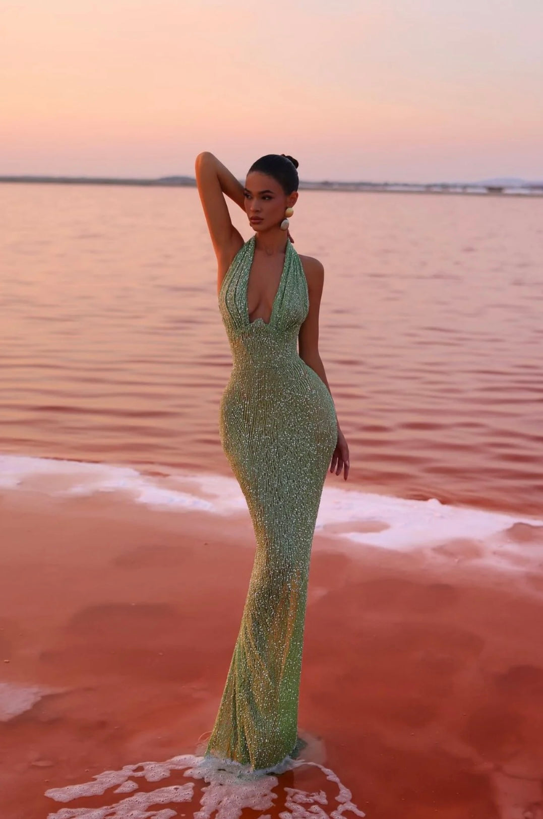 Split V-Neck Sparkling Sequin Slim Evening Gown