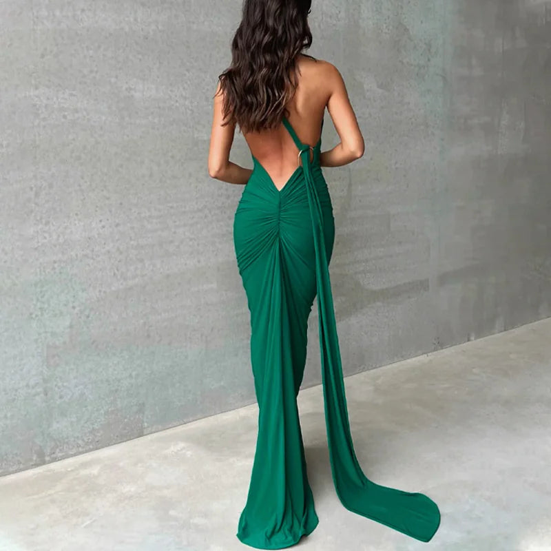 Slant Shoulder Backless Maxi Evening Dress