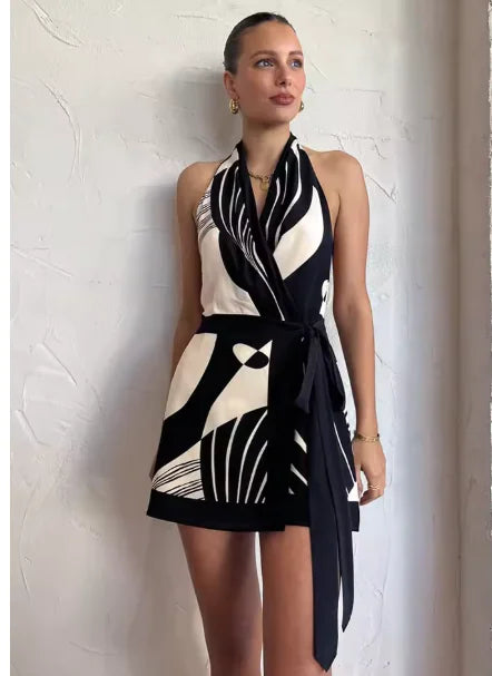 Halter Backless A-Line Colorblock Mini