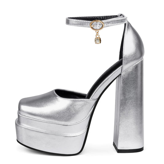 Silver Double-Platform Rhinestone Block Pumps