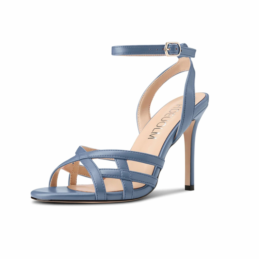 Denim Blue Round-Toe Strappy Stilettos