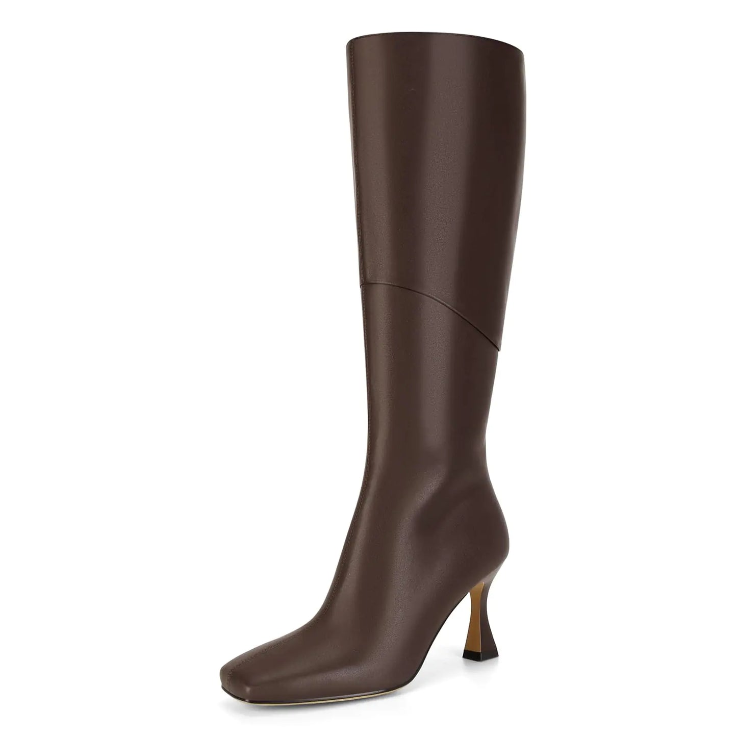 Brown Square Toe Knee High Heeled Boots