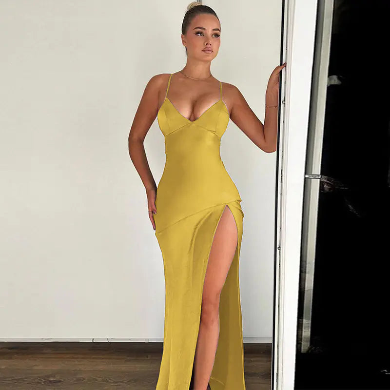 Red/Black V Neck Backless Tie Slit Dress