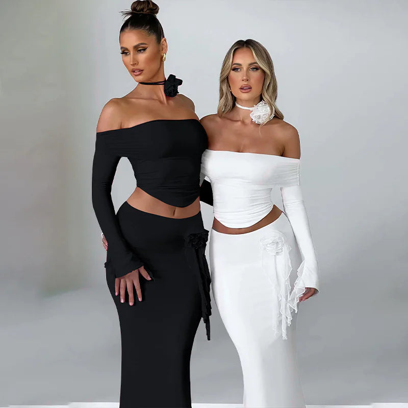 Slim Fit Long Sleeve Top and Skirt Set