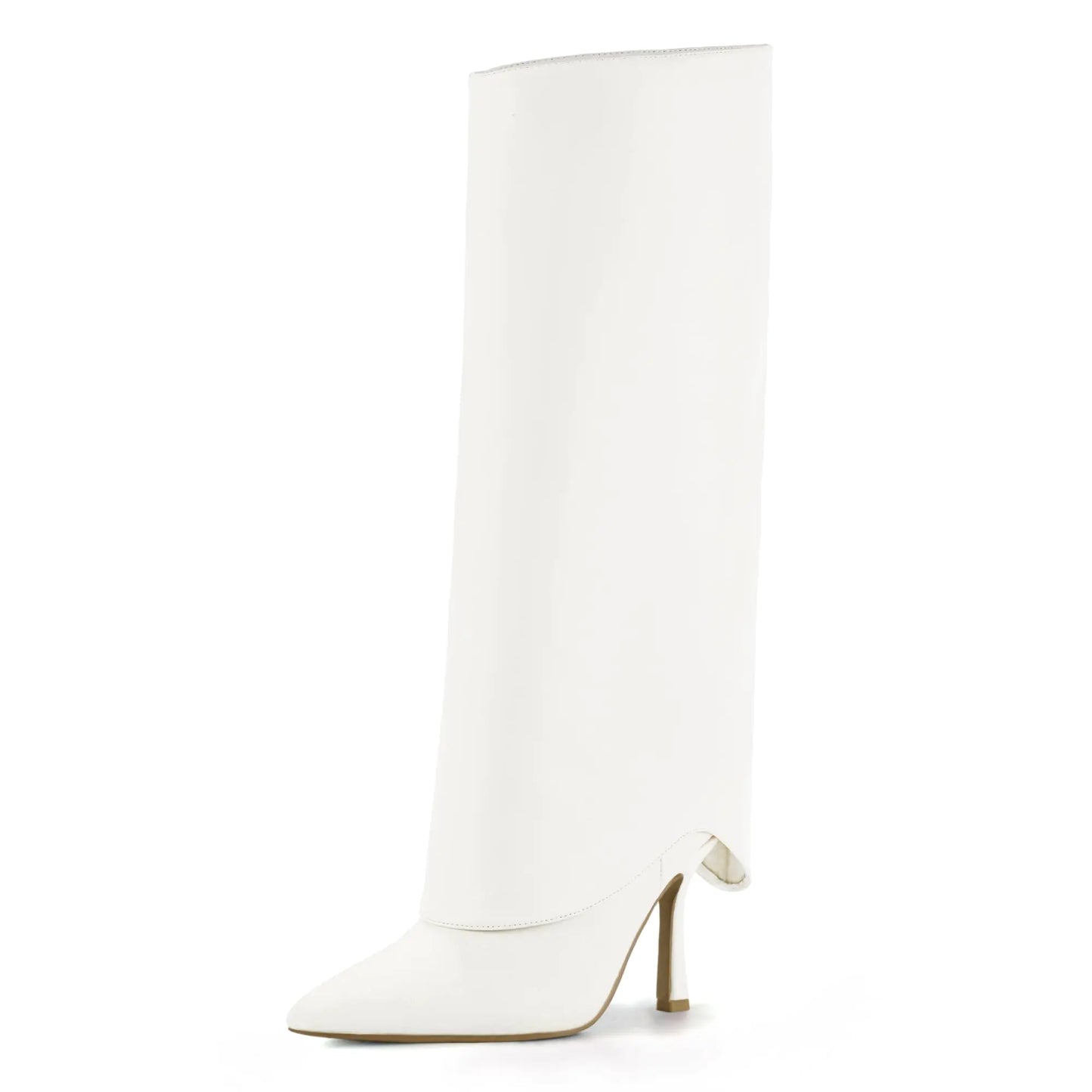 Pointed Toe White Fold Over Knee High Boots
