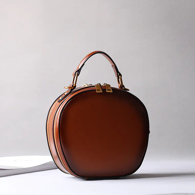 Round Leather Two-Layer Crossbody Handbag