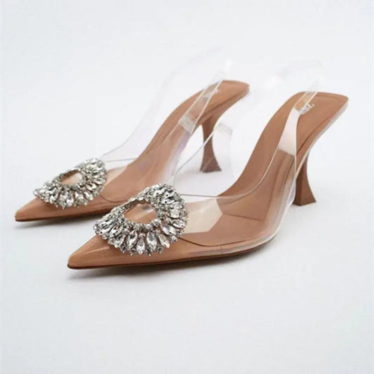 Transparent Rhinestone Pointed-Toe Mule Heels