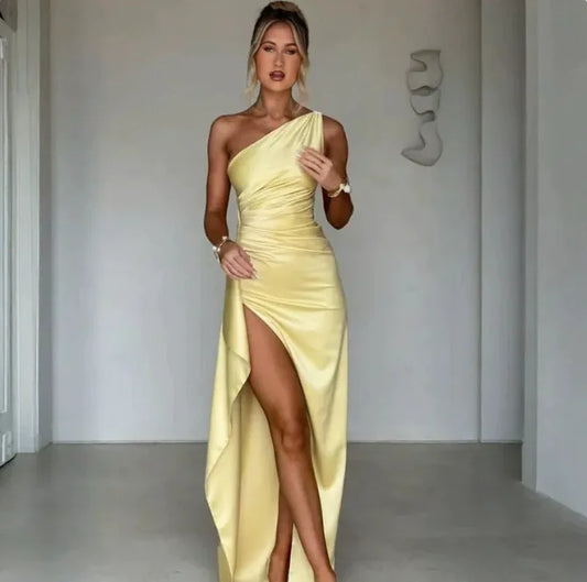 Sleek Satin One Shoulder Slit Dress