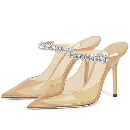 Clear Rhinestone Chain Pointed Mule Heels