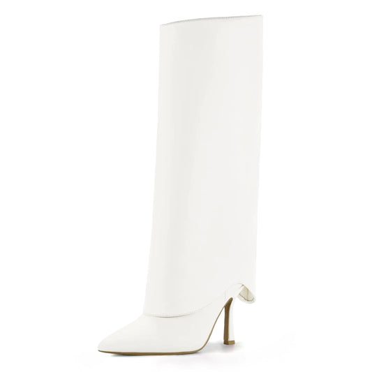 Pointed Toe White Fold Over Knee High Boots