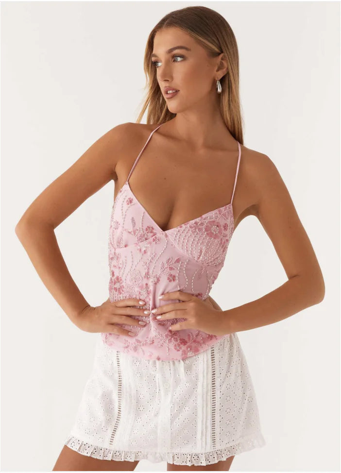 Micro-Stretch Embroidered Slim Crop Top