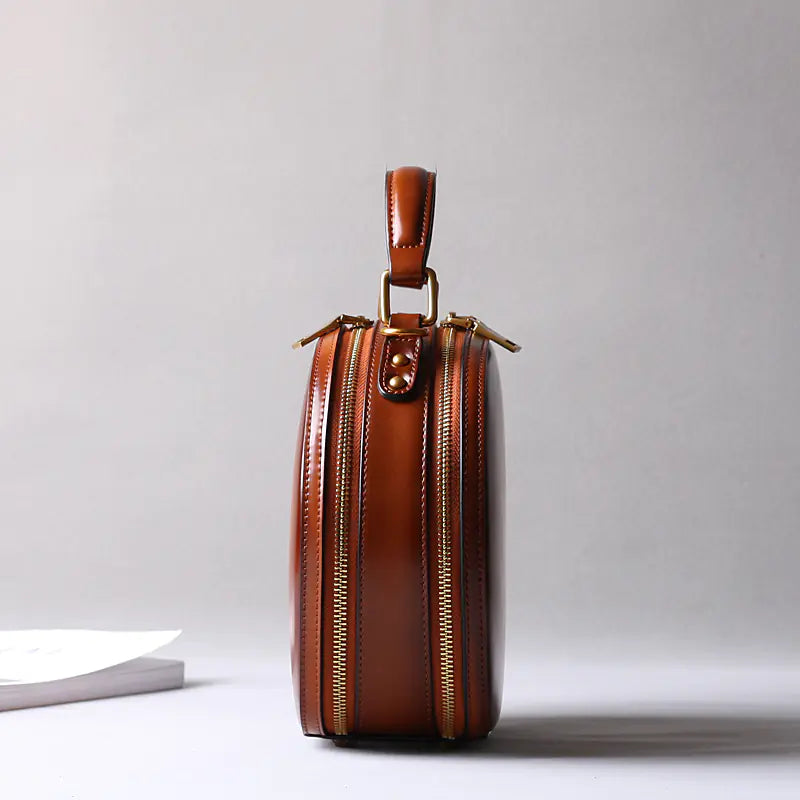 Round Leather Two-Layer Crossbody Handbag