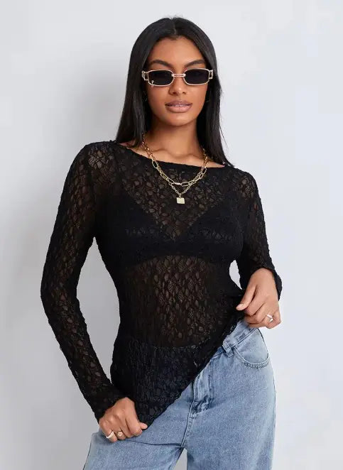 Lace Mesh Wavy Long Sleeve Top