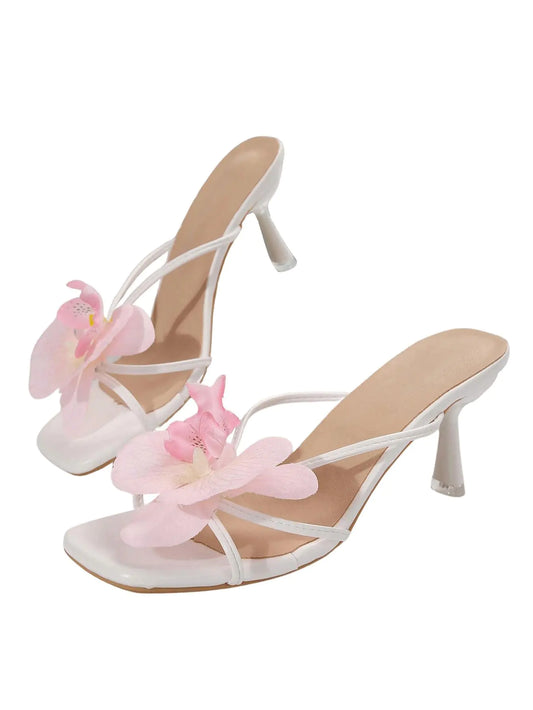3D Flower Square-Toe Pyramid Heel Slides
