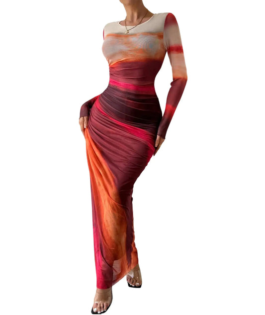 Long Sleeve Tie Dye Ruched Mesh Maxi