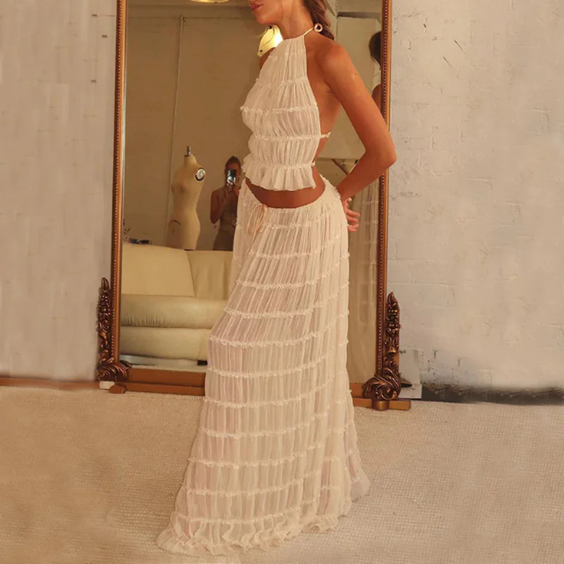 Chic Halter Crop Top and Pleated Maxi Skirt