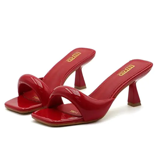 Red Square Toe Kitten Heel Slide Sandals
