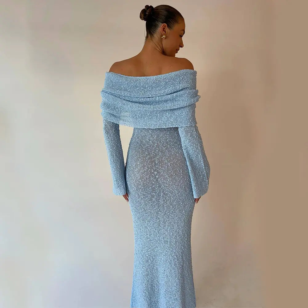 Off Shoulder Knitted Long Sleeve Maxi Dress