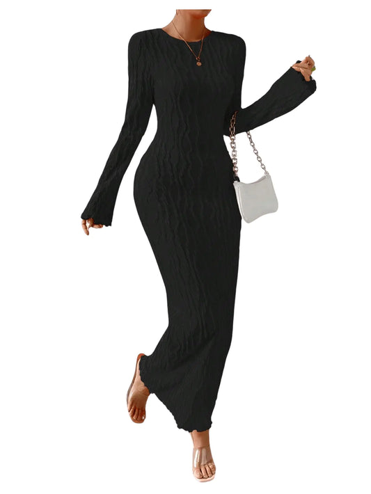Long Sleeve Textured Backless Bodycon Maxi