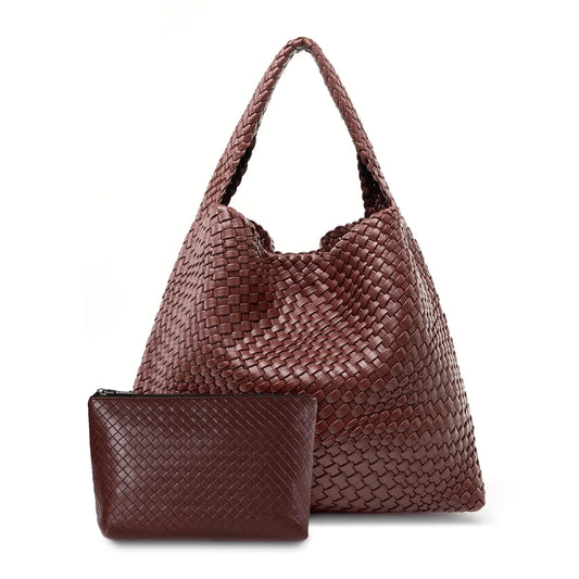 Vegan Leather Large Woven Tote with Clutch