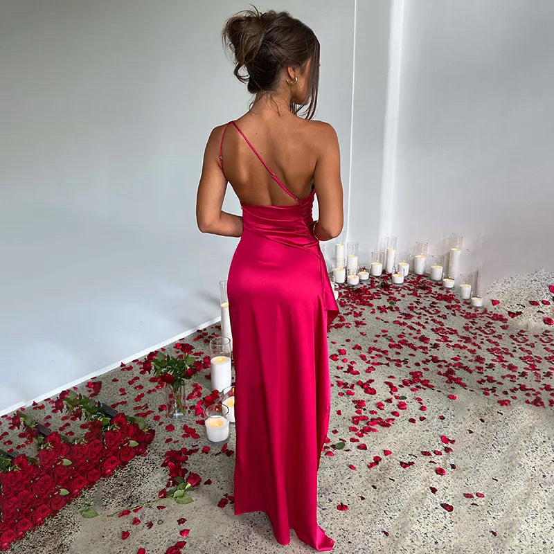 Sleek Satin One Shoulder Slit Dress