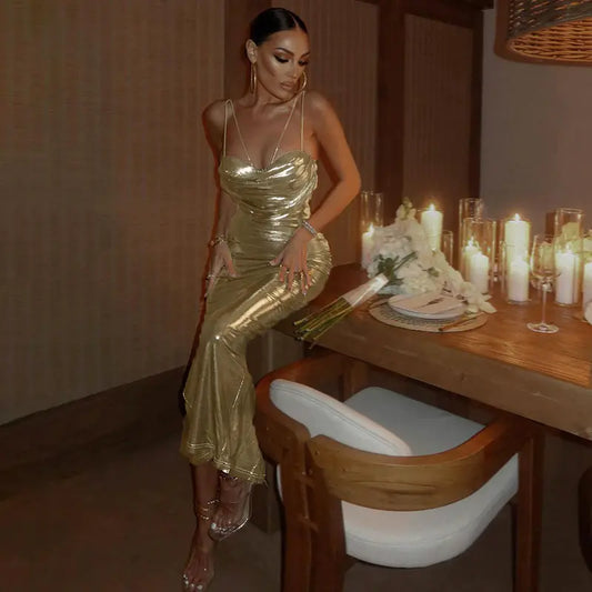 High Waist Sleeveless Gold Bodycon Dress