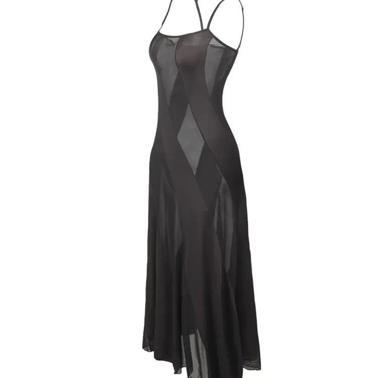 Black Sling Mesh Two-Piece Long Dress