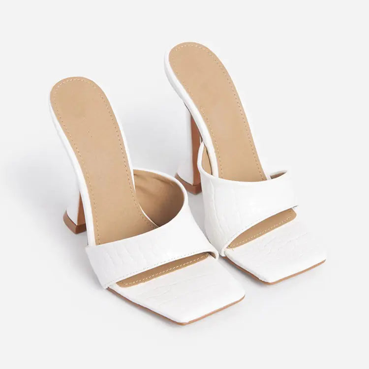 Square Toe Black PU Leather Heels