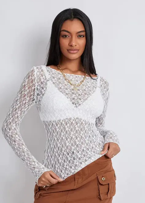 Lace Mesh Wavy Long Sleeve Top
